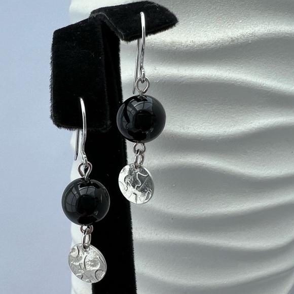 Artisan Black Onyx with Embossed Sterling Silver Disk Earrings - Picture 1 of 15